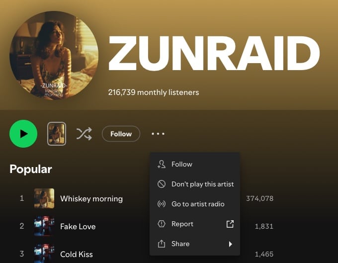 How to stop getting recommendations from an artist on Spotify