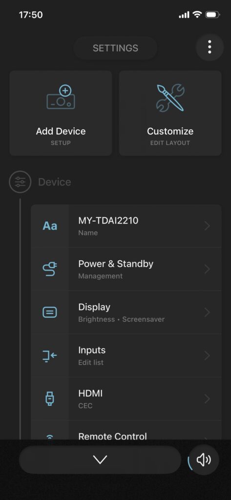 מסך ההגדרות של אפליקציית My Lyngdorf