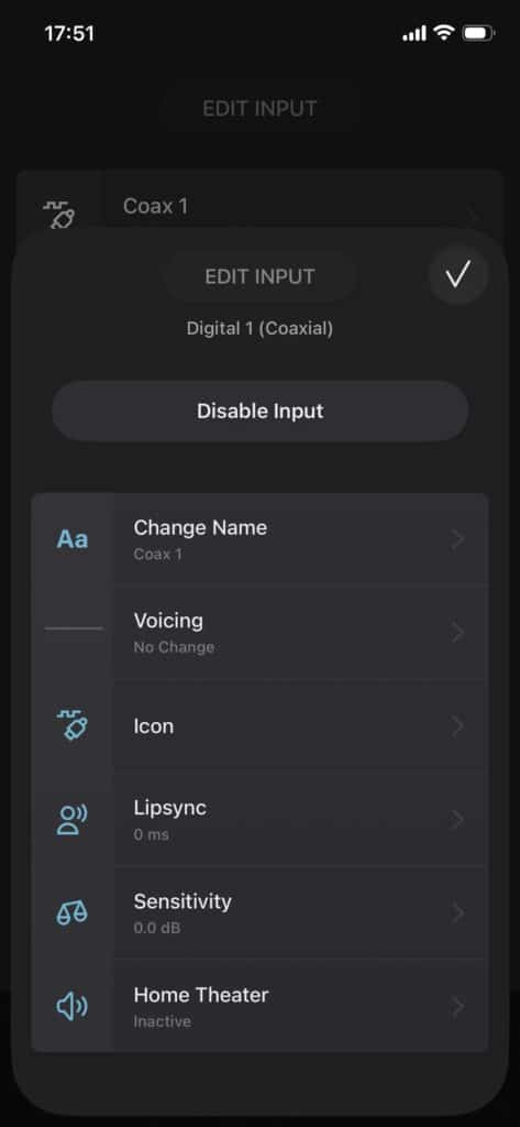 הגדרות של אחת הכניסות באפליקציית My Lyngdorf